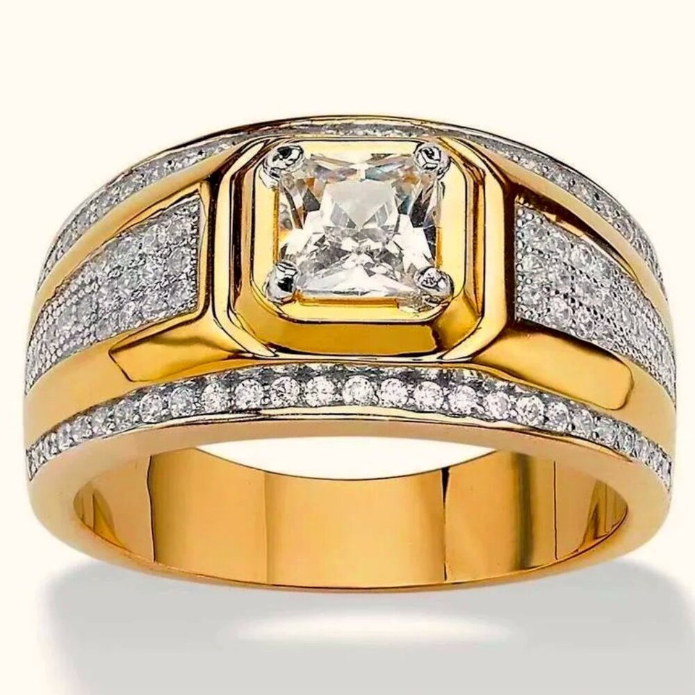 🆕 Men's Princess Cut 1.50 Ctw, Micro Pave Diamond Ring 18K Yellow Gold 🆕